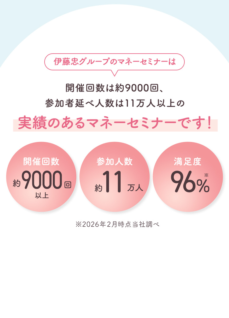 伊藤忠グループのマネーセミナーは開催回数は約8000回、参加者延べ人数は11万人以上の実績のあるマネーセミナーです！